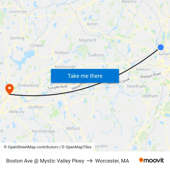 Boston Ave @ Mystic Valley Pkwy to Worcester, MA map