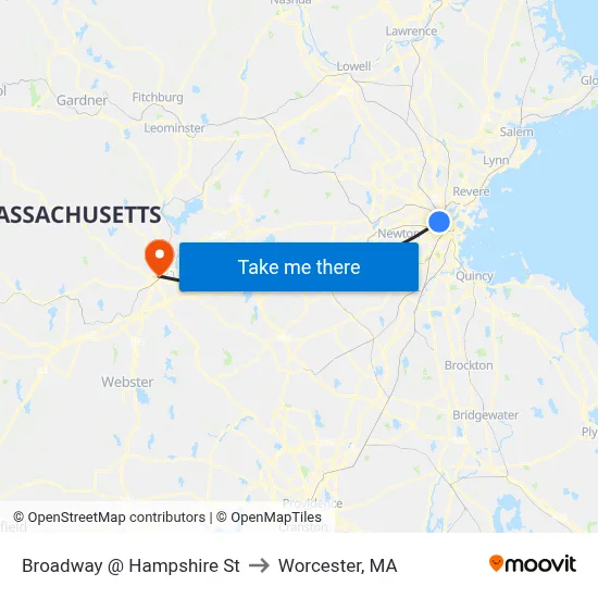 Broadway @ Hampshire St to Worcester, MA map
