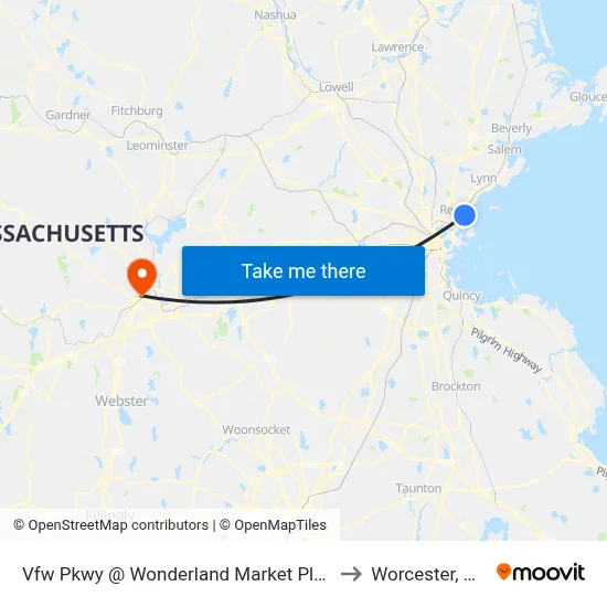 Vfw Pkwy @ Wonderland Market Place to Worcester, MA map