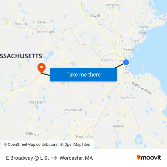 E Broadway @ L St to Worcester, MA map