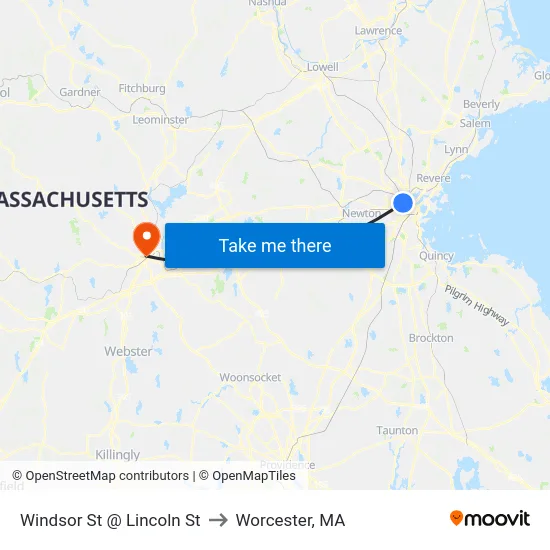 Windsor St @ Lincoln St to Worcester, MA map