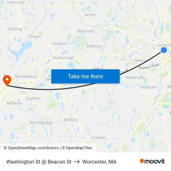 Washington St @ Beacon St to Worcester, MA map