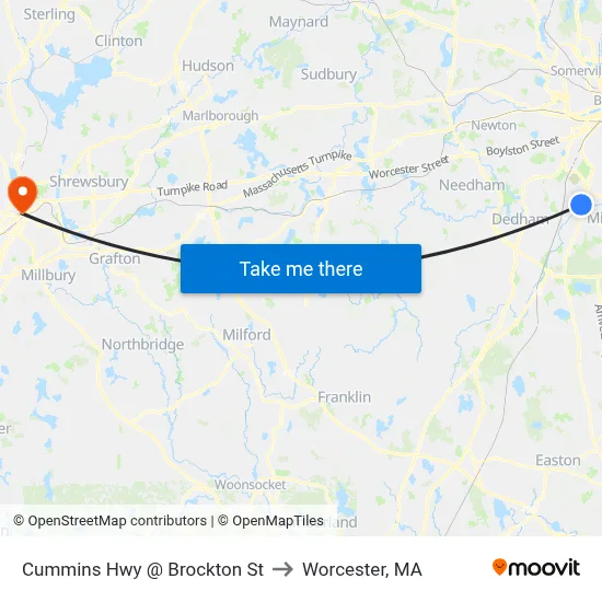 Cummins Hwy @ Brockton St to Worcester, MA map