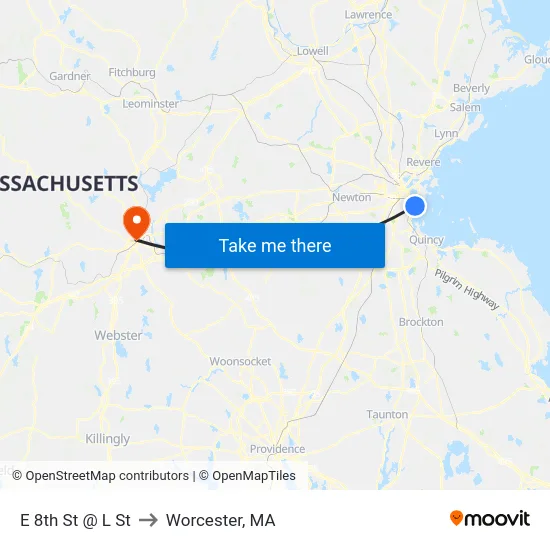 E 8th St @ L St to Worcester, MA map