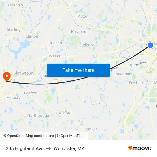 235 Highland Ave to Worcester, MA map