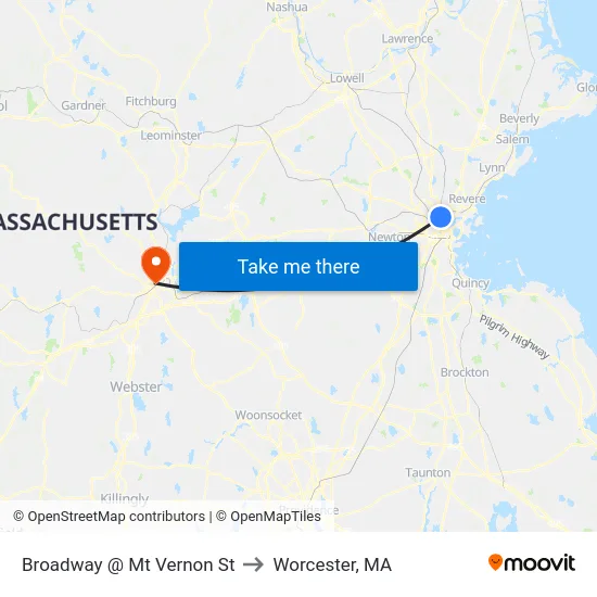 Broadway @ Mt Vernon St to Worcester, MA map