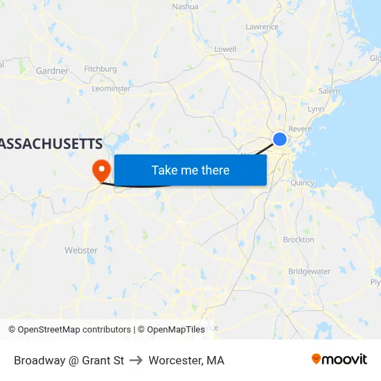 Broadway @ Grant St to Worcester, MA map