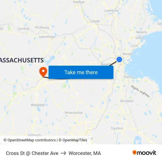 Cross St @ Chester Ave to Worcester, MA map