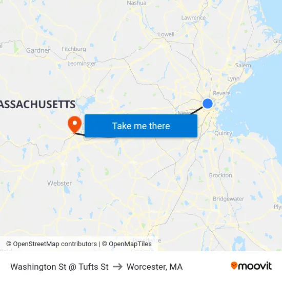 Washington St @ Tufts St to Worcester, MA map