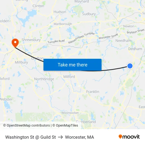 Washington St @ Guild St to Worcester, MA map