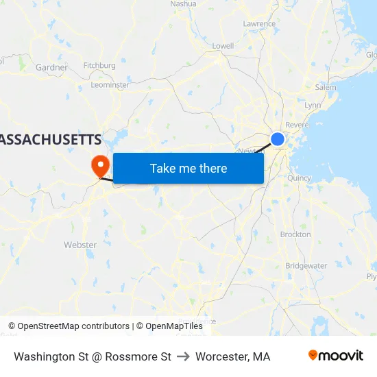 Washington St @ Rossmore St to Worcester, MA map