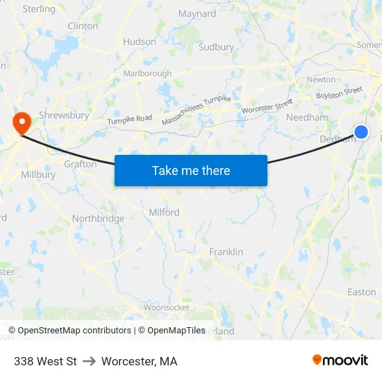 338 West St to Worcester, MA map