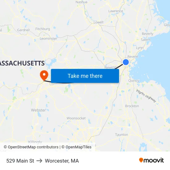 529 Main St to Worcester, MA map
