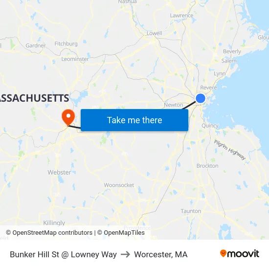 Bunker Hill St @ Lowney Way to Worcester, MA map