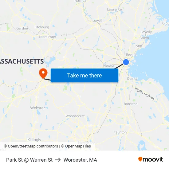 Park St @ Warren St to Worcester, MA map