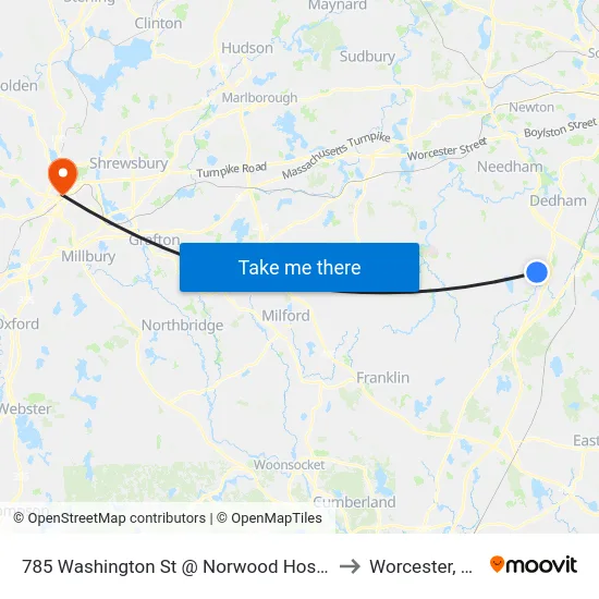 785 Washington St @ Norwood Hospital to Worcester, MA map