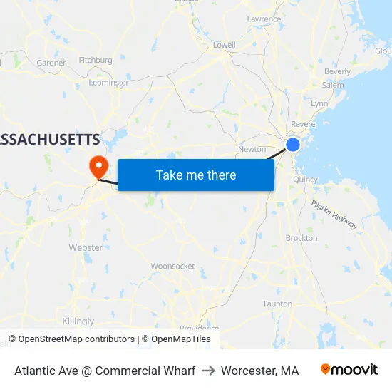 Atlantic Ave @ Commercial Wharf to Worcester, MA map