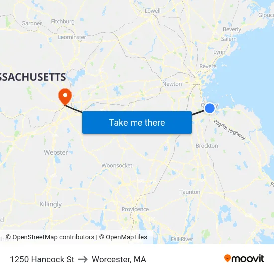 1250 Hancock St to Worcester, MA map