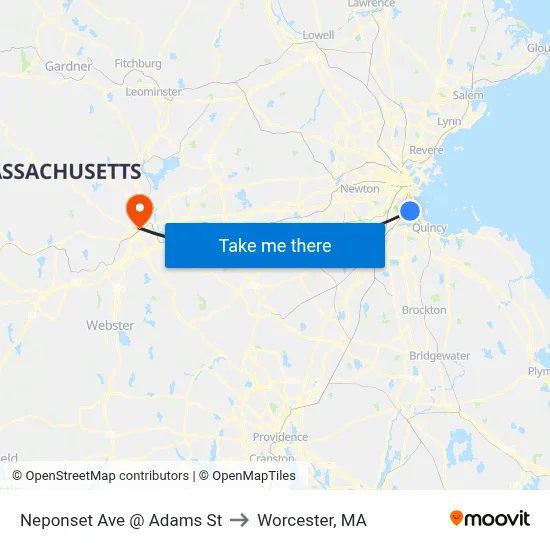 Neponset Ave @ Adams St to Worcester, MA map