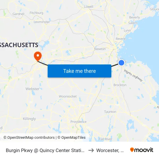 Burgin Pkwy @ Quincy Center Station to Worcester, MA map
