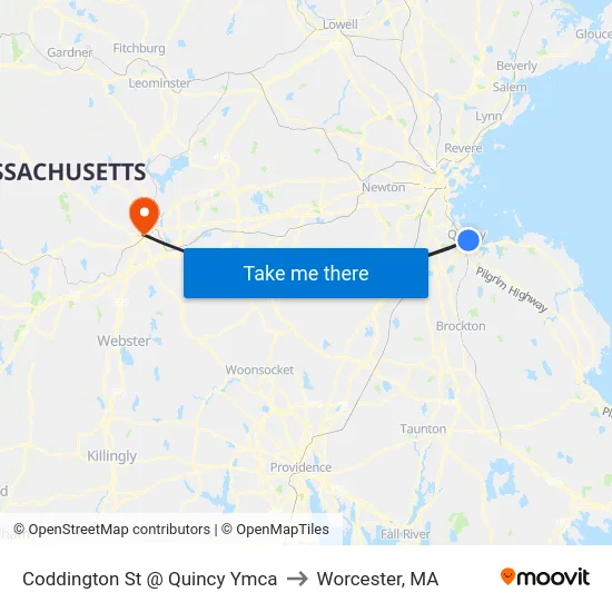 Coddington St @ Quincy Ymca to Worcester, MA map