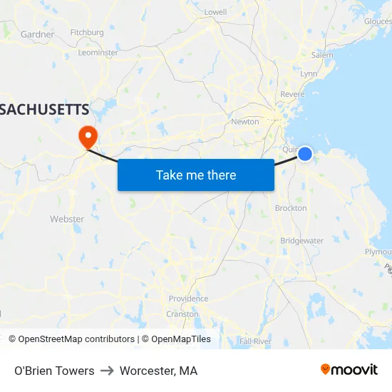 O'Brien Towers to Worcester, MA map