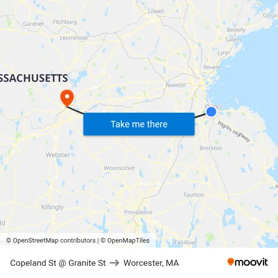 Copeland St @ Granite St to Worcester, MA map