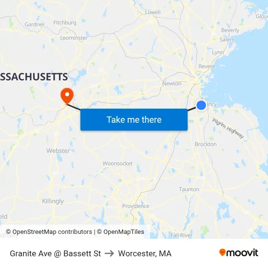 Granite Ave @ Bassett St to Worcester, MA map