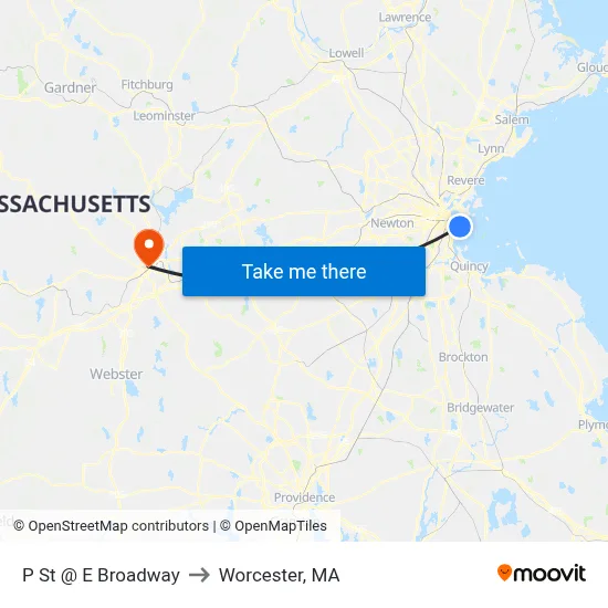 P St @ E Broadway to Worcester, MA map