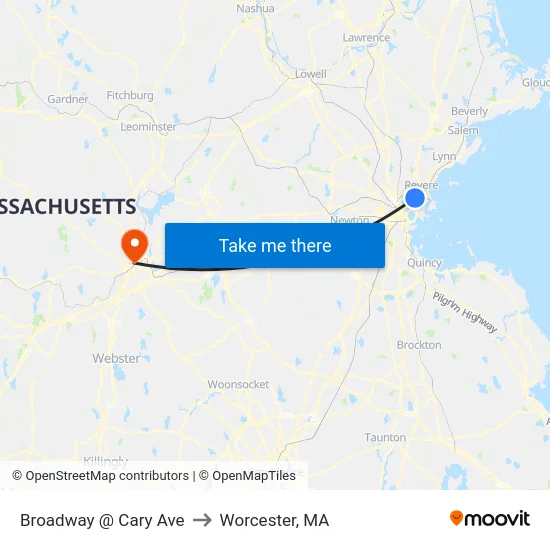 Broadway @ Cary Ave to Worcester, MA map