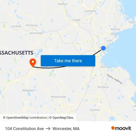 104 Constitution Ave to Worcester, MA map