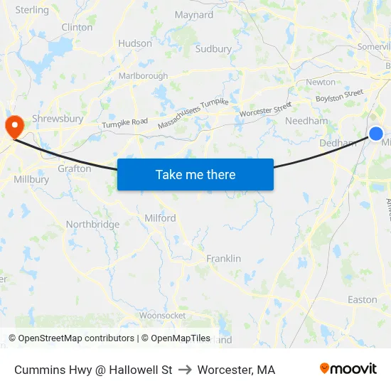 Cummins Hwy @ Hallowell St to Worcester, MA map
