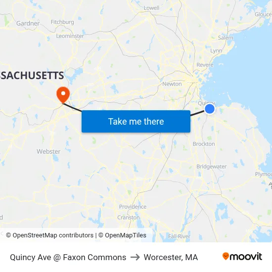 Quincy Ave @ Faxon Commons to Worcester, MA map