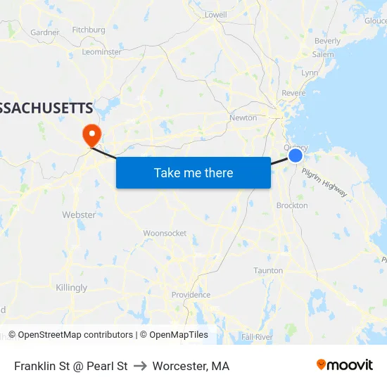 Franklin St @ Pearl St to Worcester, MA map