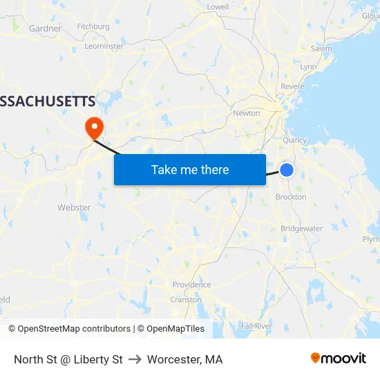 North St @ Liberty St to Worcester, MA map