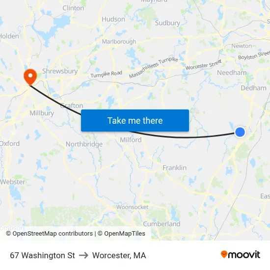 67 Washington St to Worcester, MA map