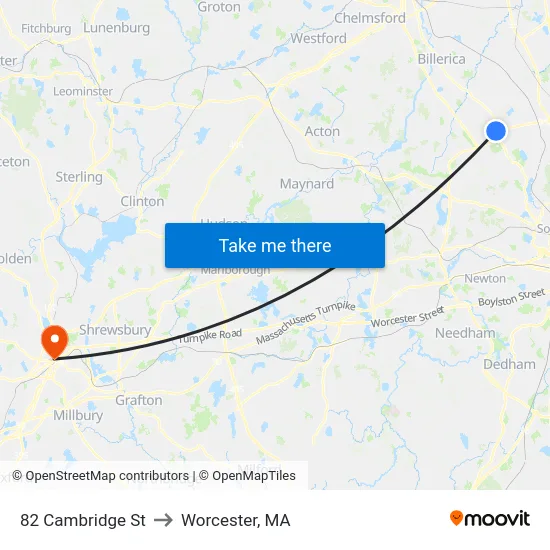 82 Cambridge St to Worcester, MA map
