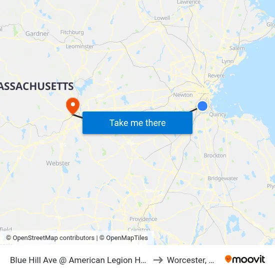 Blue Hill Ave @ American Legion Hwy to Worcester, MA map