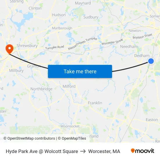 Hyde Park Ave @ Wolcott Square to Worcester, MA map