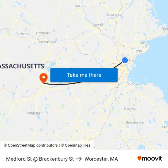 Medford St @ Brackenbury St to Worcester, MA map