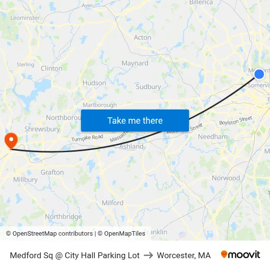 Medford Sq @ City Hall Parking Lot to Worcester, MA map