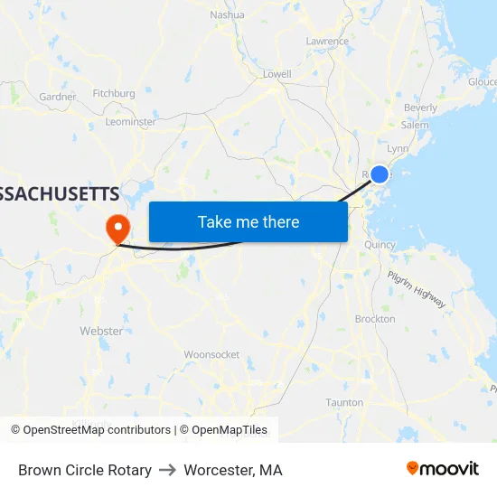 Brown Circle Rotary to Worcester, MA map