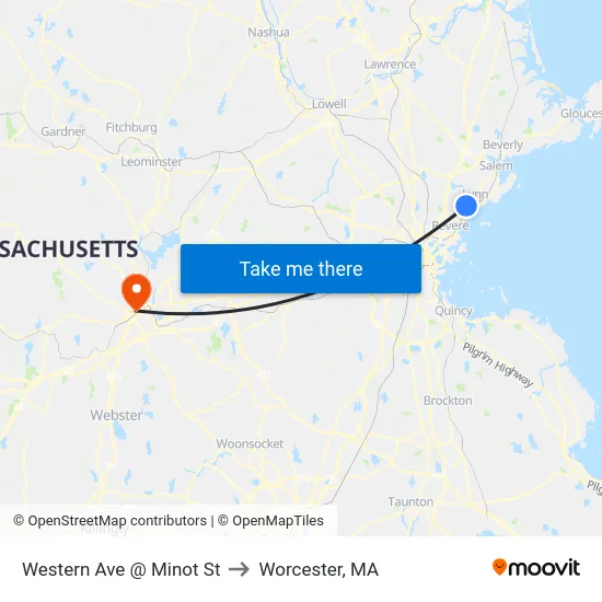 Western Ave @ Minot St to Worcester, MA map