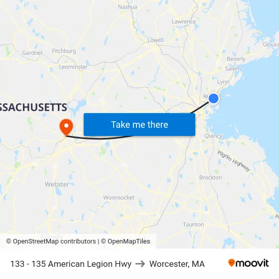 133 - 135 American Legion Hwy to Worcester, MA map