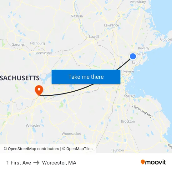 1 First Ave to Worcester, MA map