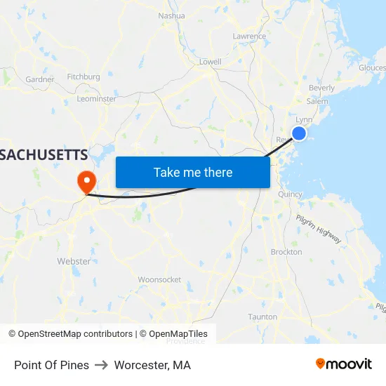 Point Of Pines to Worcester, MA map