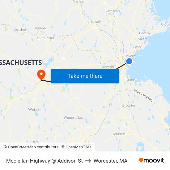 Mcclellan Highway @ Addison St to Worcester, MA map
