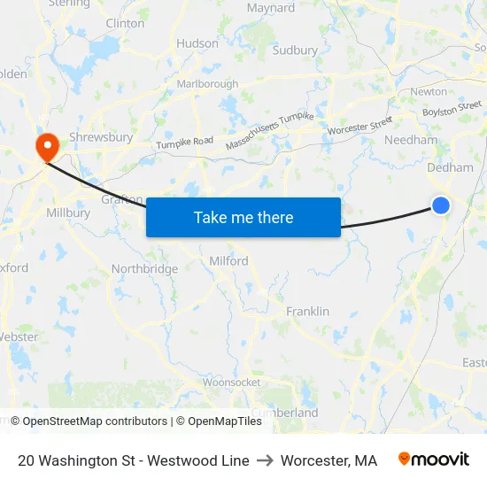 20 Washington St - Westwood Line to Worcester, MA map