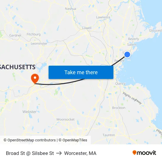 Broad St @ Silsbee St to Worcester, MA map