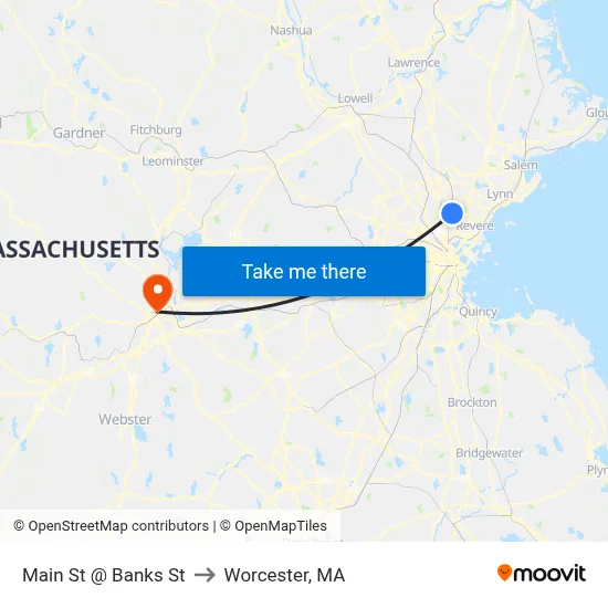 Main St @ Banks St to Worcester, MA map